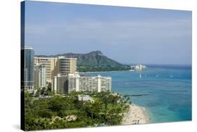 Waikiki Beach and Diamond Head, Waikiki, Honolulu, Oahu, Hawaii, United States of America, Pacific-Michael DeFreitas-Stretched Canvas