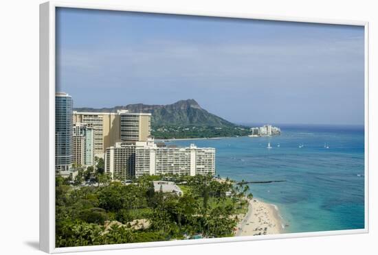 Waikiki Beach and Diamond Head, Waikiki, Honolulu, Oahu, Hawaii, United States of America, Pacific-Michael DeFreitas-Framed Photographic Print