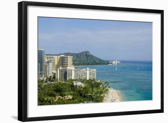 Waikiki Beach and Diamond Head, Waikiki, Honolulu, Oahu, Hawaii, United States of America, Pacific-Michael DeFreitas-Framed Photographic Print