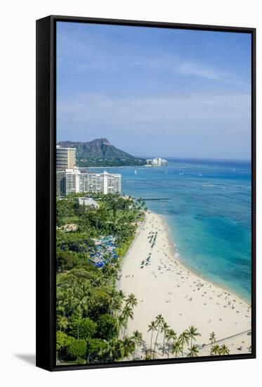 Waikiki Beach and Diamond Head, Waikiki, Honolulu, Oahu, Hawaii, United States of America, Pacific-Michael DeFreitas-Framed Stretched Canvas