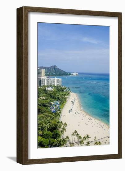 Waikiki Beach and Diamond Head, Waikiki, Honolulu, Oahu, Hawaii, United States of America, Pacific-Michael DeFreitas-Framed Photographic Print