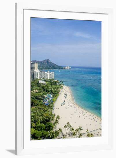 Waikiki Beach and Diamond Head, Waikiki, Honolulu, Oahu, Hawaii, United States of America, Pacific-Michael DeFreitas-Framed Photographic Print