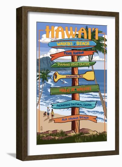 Waikiki Beach, Hawai'i - Signpost Destinations-Lantern Press-Framed Art Print