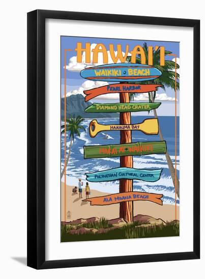 Waikiki Beach, Hawai'i - Signpost Destinations-Lantern Press-Framed Art Print