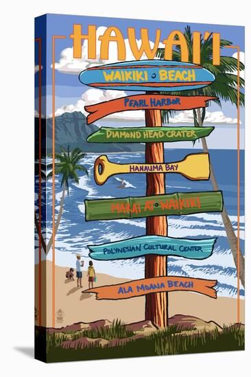 Waikiki Beach, Hawai'i - Signpost Destinations-Lantern Press-Stretched Canvas