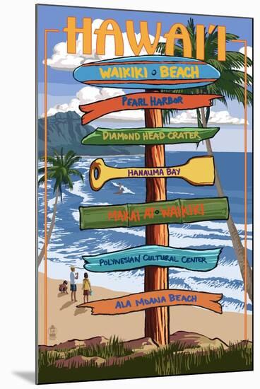 Waikiki Beach, Hawai'i - Signpost Destinations-Lantern Press-Mounted Art Print