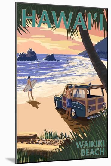 Waikiki Beach, Hawai'i - Woody on Beach-Lantern Press-Mounted Art Print