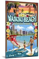 Waikiki Beach, Hawaii - Montage Scene-Lantern Press-Mounted Art Print