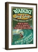 Waikiki Beach, Hawaii - Surf Shop-Lantern Press-Framed Art Print