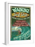 Waikiki Beach, Hawaii - Surf Shop-Lantern Press-Framed Art Print