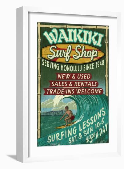Waikiki Beach, Hawaii - Surf Shop-Lantern Press-Framed Art Print