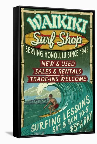 Waikiki Beach, Hawaii - Surf Shop-Lantern Press-Framed Stretched Canvas