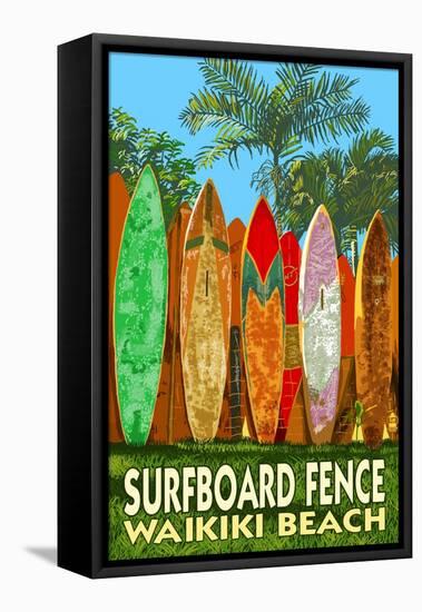 Waikiki Beach, Hawaii - Surfboard Fence-Lantern Press-Framed Stretched Canvas