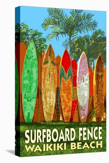 Waikiki Beach, Hawaii - Surfboard Fence-Lantern Press-Stretched Canvas