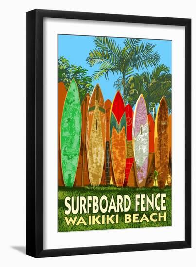 Waikiki Beach, Hawaii - Surfboard Fence-Lantern Press-Framed Art Print