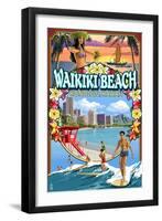 Waikiki Beach, Oahu, Hawaii - Scenes-Lantern Press-Framed Art Print