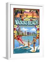 Waikiki Beach, Oahu, Hawaii - Scenes-Lantern Press-Framed Art Print