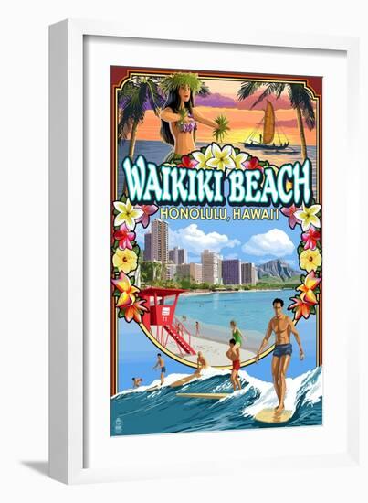 Waikiki Beach, Oahu, Hawaii - Scenes-Lantern Press-Framed Art Print