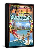 Waikiki Beach, Oahu, Hawaii - Scenes-Lantern Press-Framed Stretched Canvas