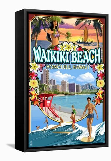 Waikiki Beach, Oahu, Hawaii - Scenes-Lantern Press-Framed Stretched Canvas