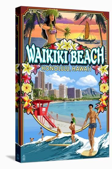 Waikiki Beach, Oahu, Hawaii - Scenes-Lantern Press-Stretched Canvas