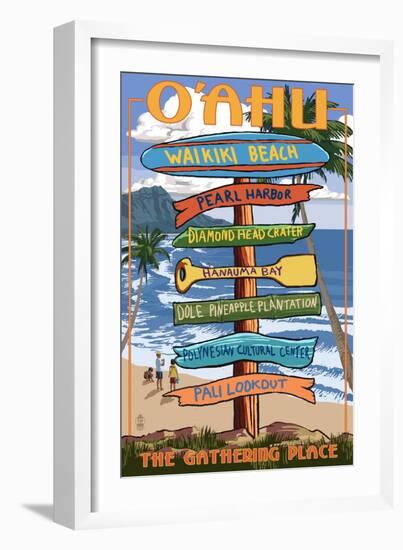 Waikiki Beach, Oahu, Hawaii - Sign Destinations-Lantern Press-Framed Art Print