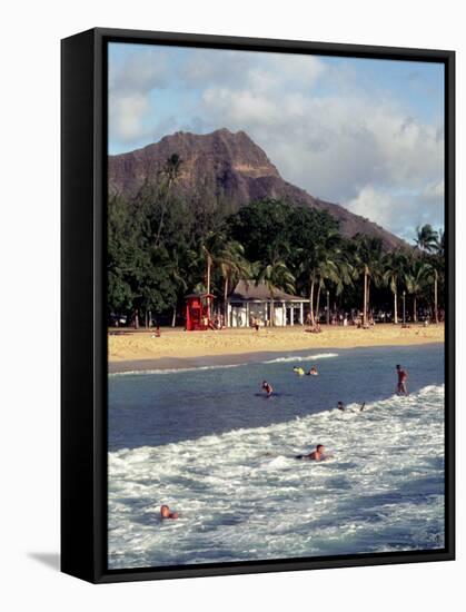 Waikiki Beach with Diamond Head, Honolulu, Oahu, Hawaii-Catherine Gehm-Framed Stretched Canvas
