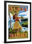 Waikiki, Hawaii - Aloha - Hawaii Hula Girl on Coast-Lantern Press-Framed Art Print