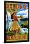 Waikiki, Hawaii - Aloha - Hawaii Hula Girl on Coast-Lantern Press-Framed Art Print