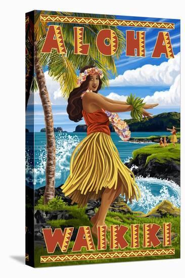 Waikiki, Hawaii - Aloha - Hawaii Hula Girl on Coast-Lantern Press-Stretched Canvas