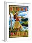 Waikiki, Hawaii - Aloha - Hawaii Hula Girl on Coast-Lantern Press-Framed Art Print