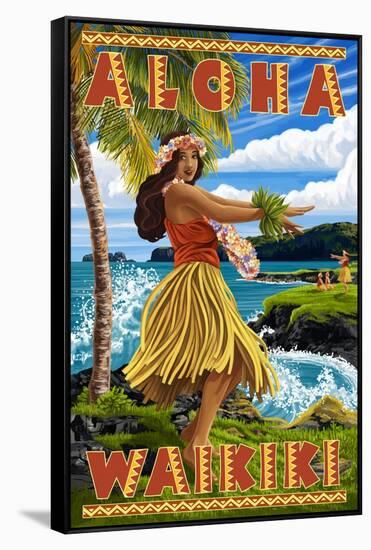 Waikiki, Hawaii - Aloha - Hawaii Hula Girl on Coast-Lantern Press-Framed Stretched Canvas