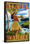 Waikiki, Hawaii - Aloha - Hawaii Hula Girl on Coast-Lantern Press-Framed Stretched Canvas