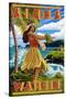 Waikiki, Hawaii - Aloha - Hawaii Hula Girl on Coast-Lantern Press-Stretched Canvas