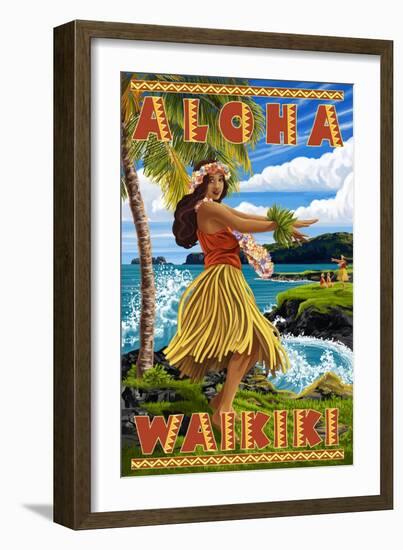 Waikiki, Hawaii - Aloha - Hawaii Hula Girl on Coast-Lantern Press-Framed Art Print