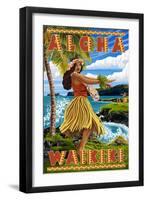 Waikiki, Hawaii - Aloha - Hawaii Hula Girl on Coast-Lantern Press-Framed Art Print