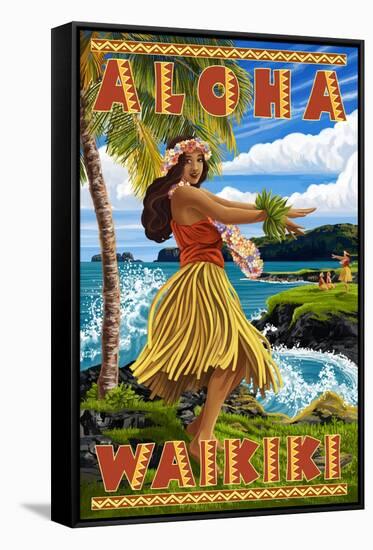 Waikiki, Hawaii - Aloha - Hawaii Hula Girl on Coast-Lantern Press-Framed Stretched Canvas