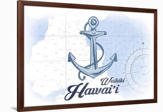 Waikiki, Hawaii - Anchor - Blue - Coastal Icon-Lantern Press-Framed Art Print