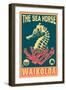 Waikoloa, Hawaii - Seahorse Woodblock (Blue and Pink)-Lantern Press-Framed Art Print