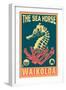 Waikoloa, Hawaii - Seahorse Woodblock (Blue and Pink)-Lantern Press-Framed Art Print
