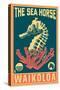 Waikoloa, Hawaii - Seahorse Woodblock (Blue and Pink)-Lantern Press-Stretched Canvas