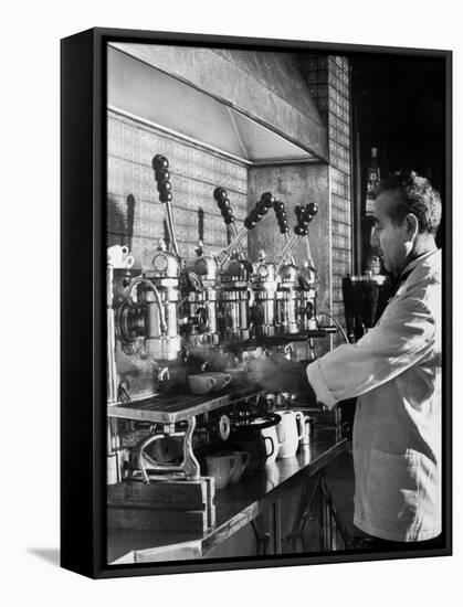 Waiter Using Espresso Machine in Restaurant at Cafe Partenopea-Fred Lyon-Framed Stretched Canvas