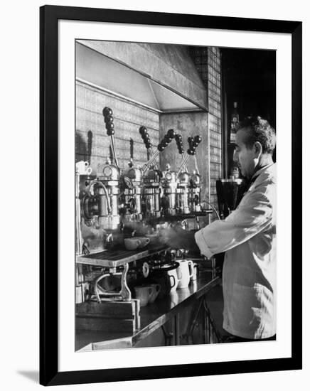 Waiter Using Espresso Machine in Restaurant at Cafe Partenopea-Fred Lyon-Framed Photographic Print