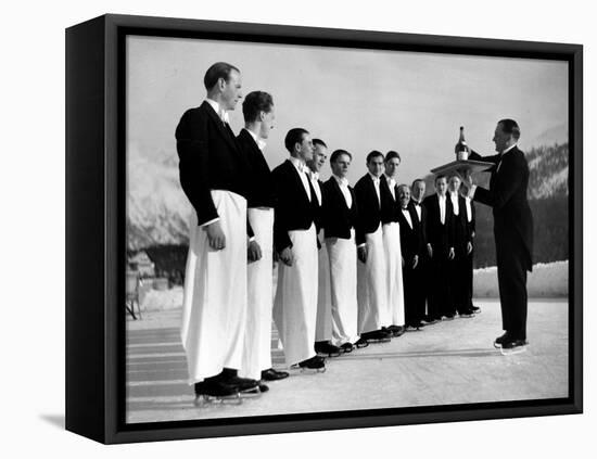 Waiters in Ice Skates Learning How to Serve Cocktails During Lesson at Grand Hotel Ice Rink-Alfred Eisenstaedt-Framed Stretched Canvas