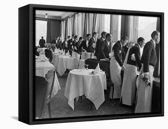 Waiters in the Grand Hotel Dining Room Lined Up at Window Watching Sonja Henie Ice Skating Outside-Alfred Eisenstaedt-Framed Stretched Canvas