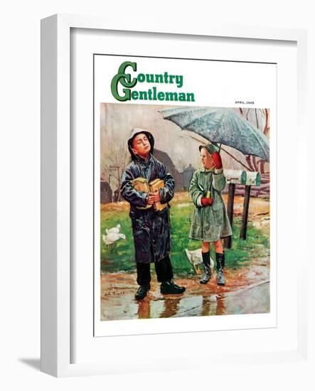 "Waiting for Bus in Rain," Country Gentleman Cover, April 1, 1948-Austin Briggs-Framed Giclee Print