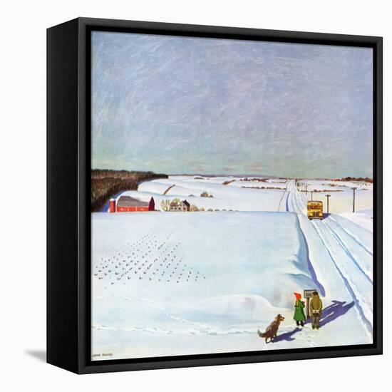 "Waiting for School Bus in Snow," February 1, 1947-John Falter-Framed Stretched Canvas