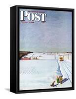 "Waiting for School Bus in Snow," Saturday Evening Post Cover, February 1, 1947-John Falter-Framed Stretched Canvas