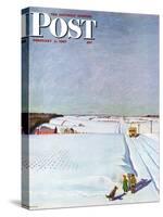 "Waiting for School Bus in Snow," Saturday Evening Post Cover, February 1, 1947-John Falter-Stretched Canvas