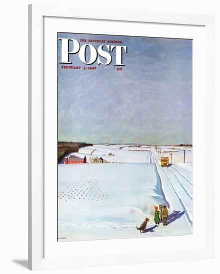 "Waiting for School Bus in Snow," Saturday Evening Post Cover, February 1, 1947-John Falter-Framed Giclee Print